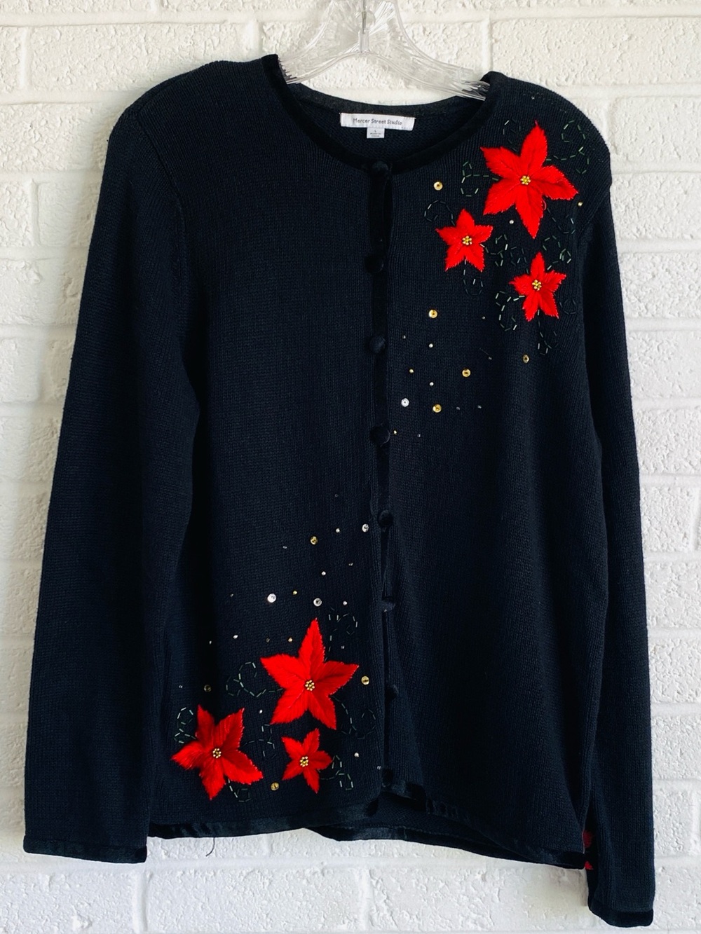 Mercer Street Black Sweater Cardigan Red Poinsettia Embroidery Christmas Large